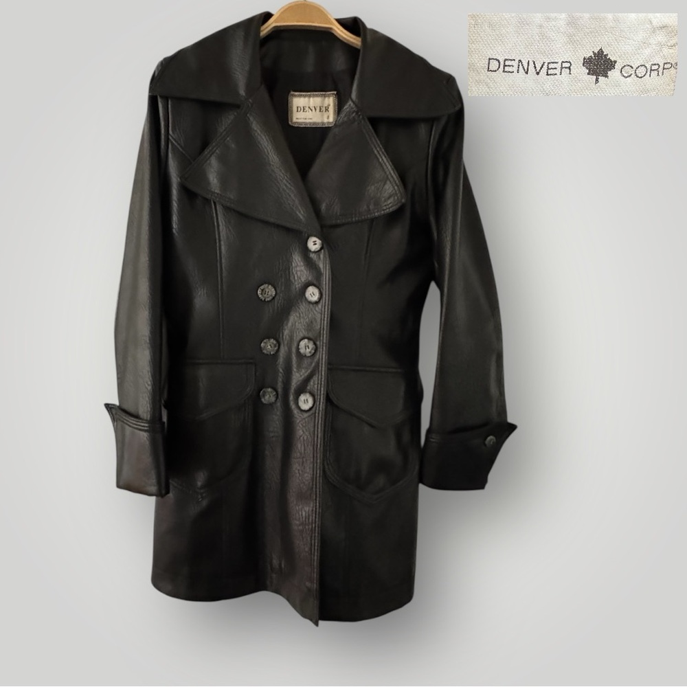 DENVER Corp. Vintage Faux Leather Double-breasted Trench Coat - Picture 4 of 10